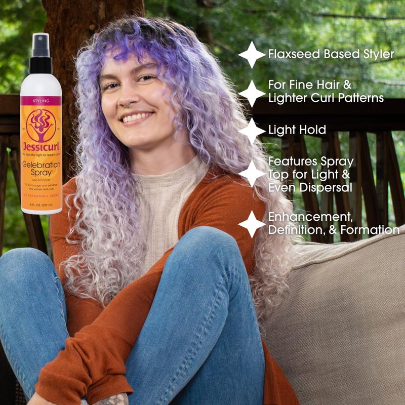Jessicurl, Gelebration Spray, No Fragrance Added, 8 Fl oz. Curl Enhancer for Fine Hair with Flaxseed Extract, Curl Styler for Wavy Hair, Curly Hair Products