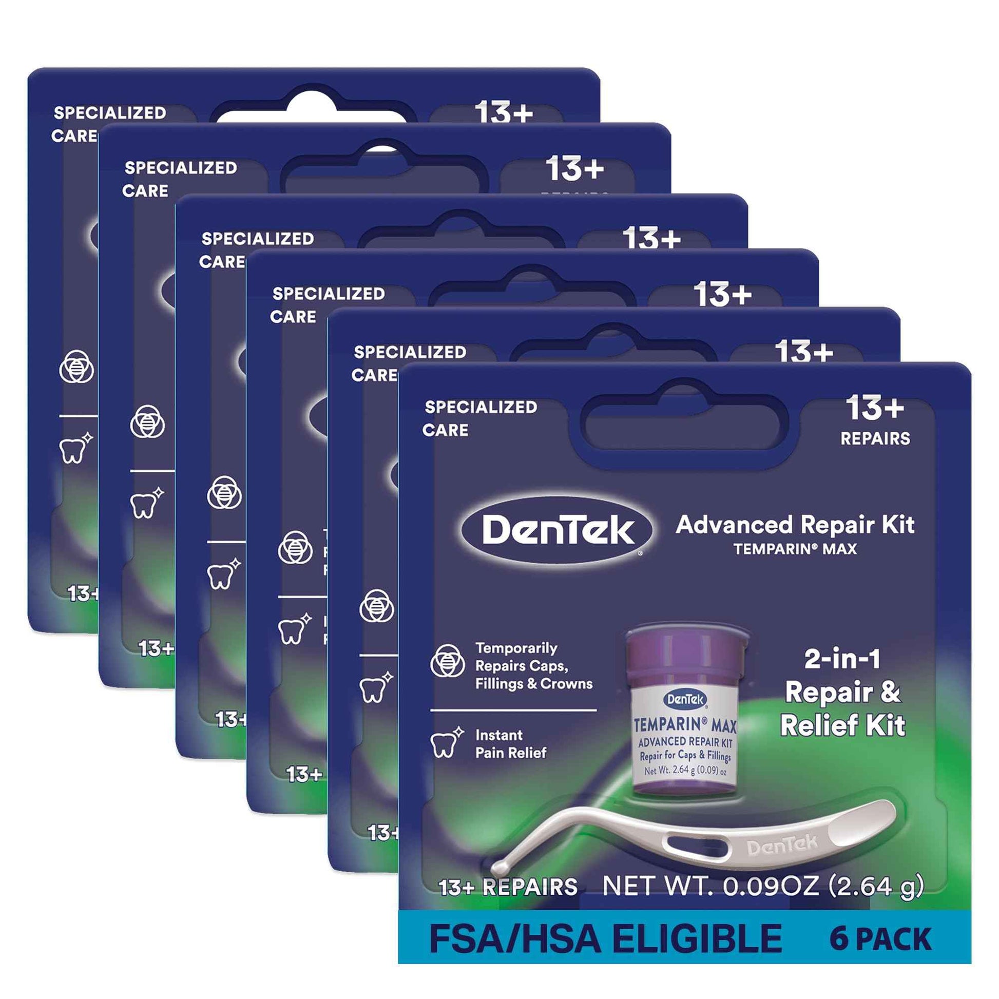 Dentek Temparin Max Repair Kit, 13+ Repairs, 2.64 Grams (Pack of 6)