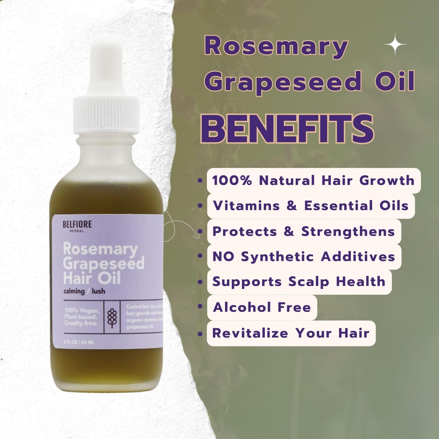 Belfiore Herbal Organic Rosemary Grapeseed Oil, 100% Natural Hair Growth, Vitamins & Essential Oils Protects Strengthens, Cruelty-Free, 2oz