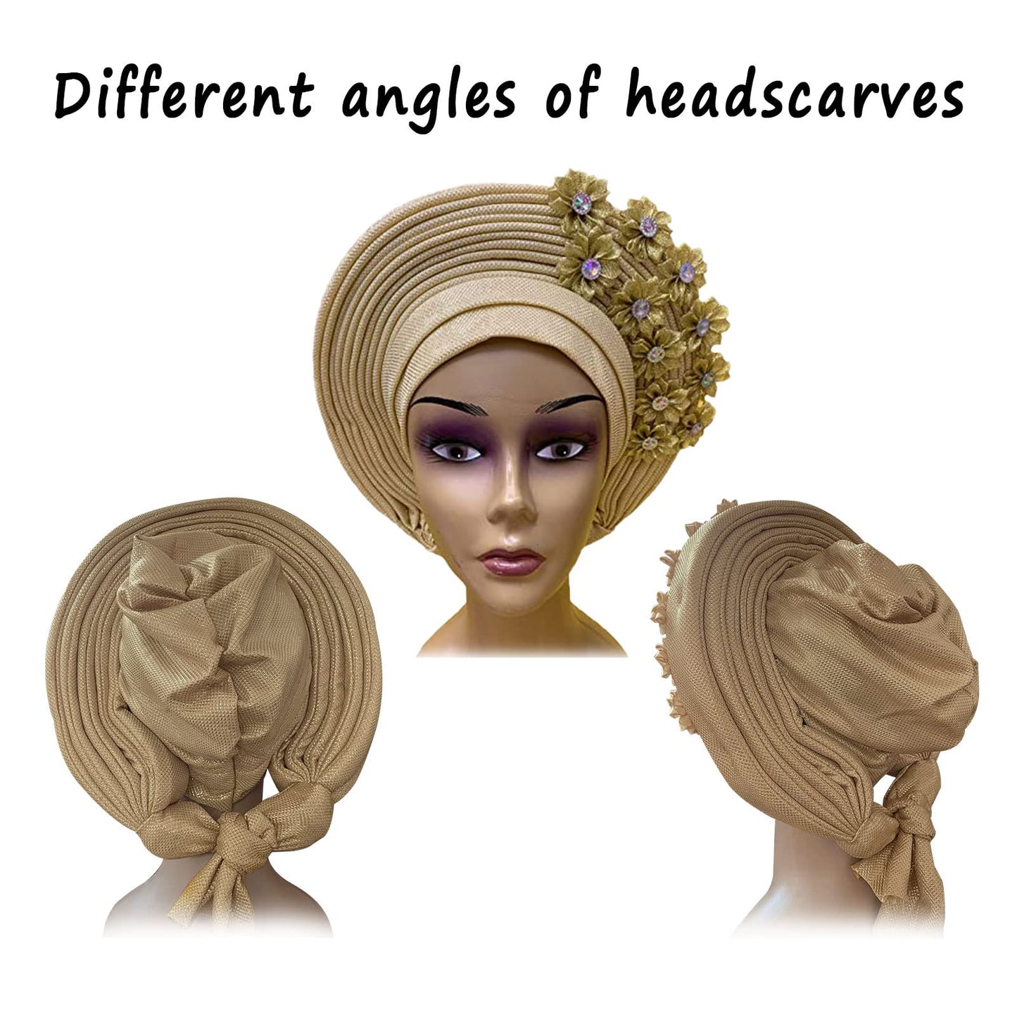 JRZXTWL African Head Wraps Fashion Headbands Stones ASO Oke Auto Gele Headtie Already Made Women's Hats Caps for Wedding Party. (golden, Standard)