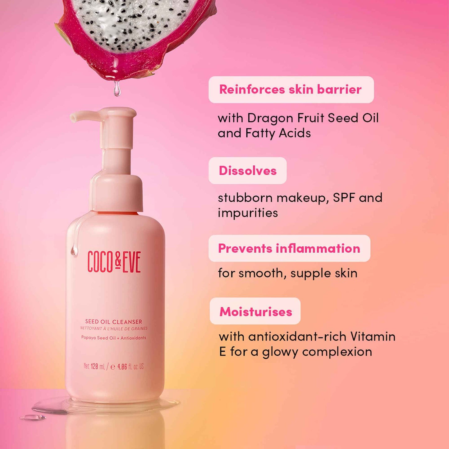 Coco & Eve Seed Oil Cleanser. Gentle Makeup Remover, Cleansing to Dissolve SPF, Impurities. Papaya Seed Oil, Dragon Fruit, Antioxidants, Vitamin E for Nourished, Radiant, Glowy Skin (4.06 fl oz)
