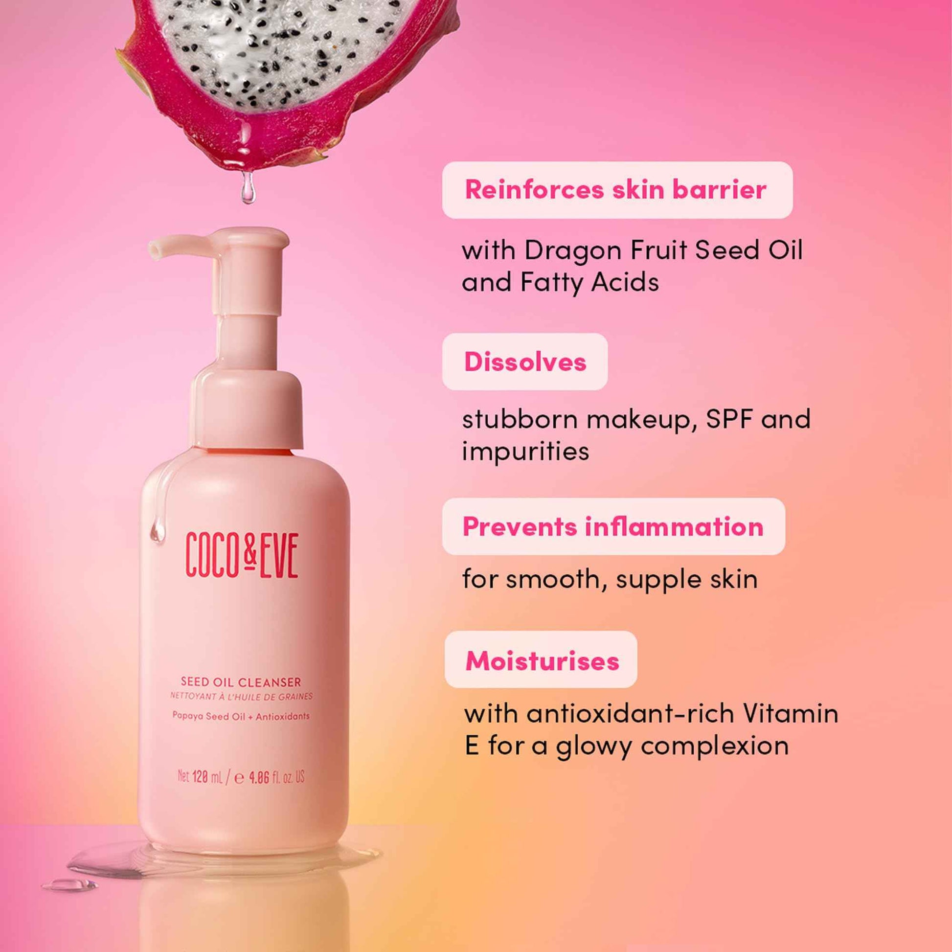 Coco & Eve Seed Oil Cleanser. Gentle Makeup Remover, Cleansing to Dissolve SPF, Impurities. Papaya Seed Oil, Dragon Fruit, Antioxidants, Vitamin E for Nourished, Radiant, Glowy Skin (4.06 fl oz)
