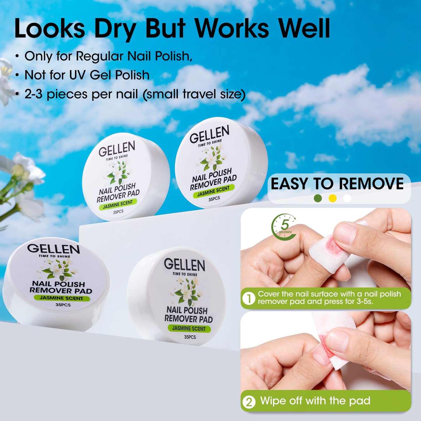 Gellen Nail Polish Remover Pads, Perfect for Travel, Outdoor | Non-Acetone, Jojoba & Vitamin E | 140pcs Jasmine Scent Wipes For Finger Toe Nails, No Leakage, Looks Dry But Works, Not for Gel Polish