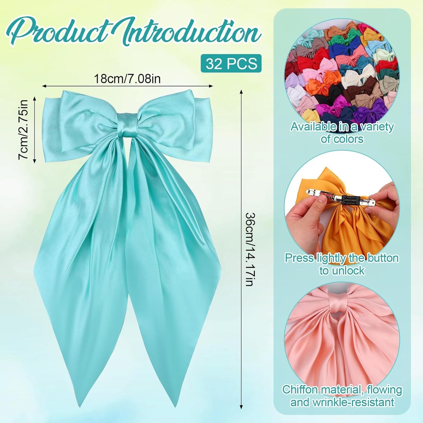 32Pcs Satin Hair Bows - Oversized Silky Hair Clips for Women | Large Ribbons with Long Tails