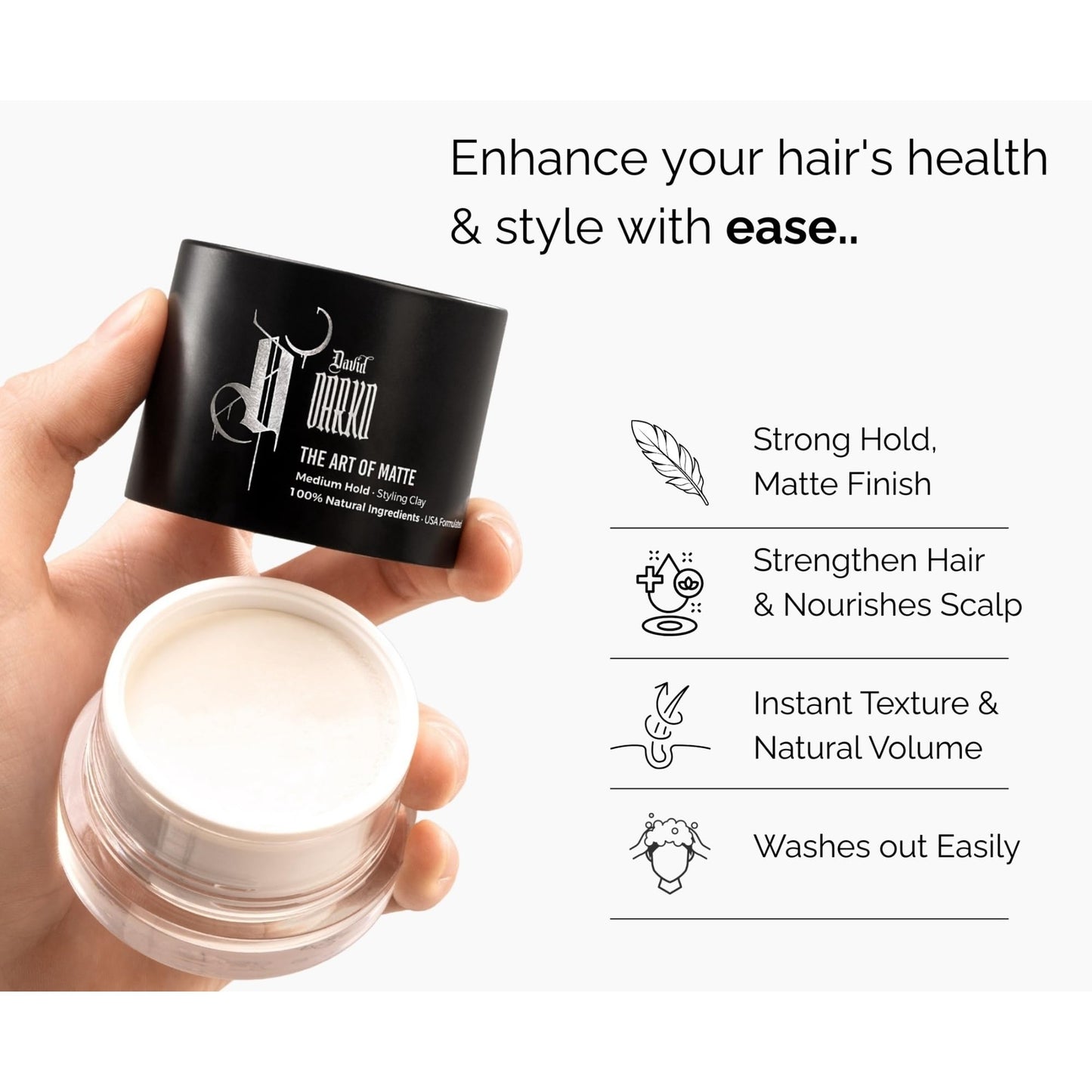 David Darko Hair Clay for Men – 100% Natural Matte Finish | Medium Hold, Easy to Wash Out | Texturizing & Styling Clay | USA-Formulated 2.82 oz
