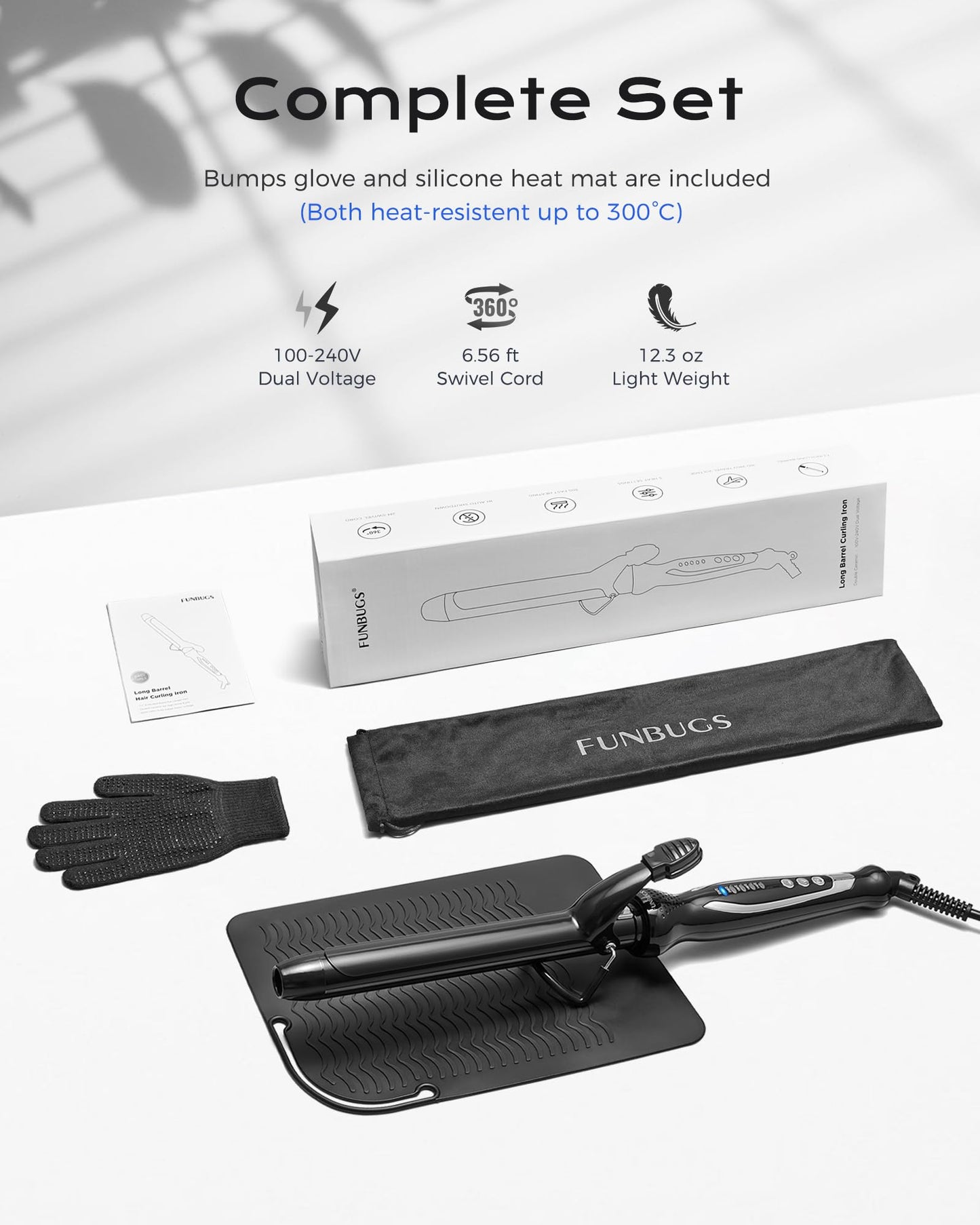 FUNBUGS 1.25'' Double Ceramic Long Barrel Curling Iron - 8'' Extended Wand | 5 Heat Settings | Dual Voltage | Auto Shut-Off | Anti-Slip Styling for Long Hair (Bag, Mat, Glove)