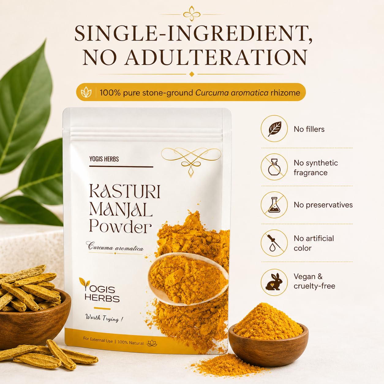 YOGIS HERBS Premium Kasturi Manjal Powder — Authentic Wild Turmeric (Curcuma aromatica / Amba Haldi / Jangli Haldi) — Naturally Aromatic, Single-Source Siddha-Tradition Heritage Herb for Glowing Skin, Face Pack & Ubtan — 100% Pure (250 g / 8.8 oz)