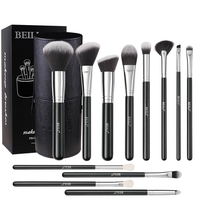 BEILI Makeup Brushes Set - 12 Premium Synthetic Kabuki Brushes for Full Face Makeup | Gift Box Included (Black)