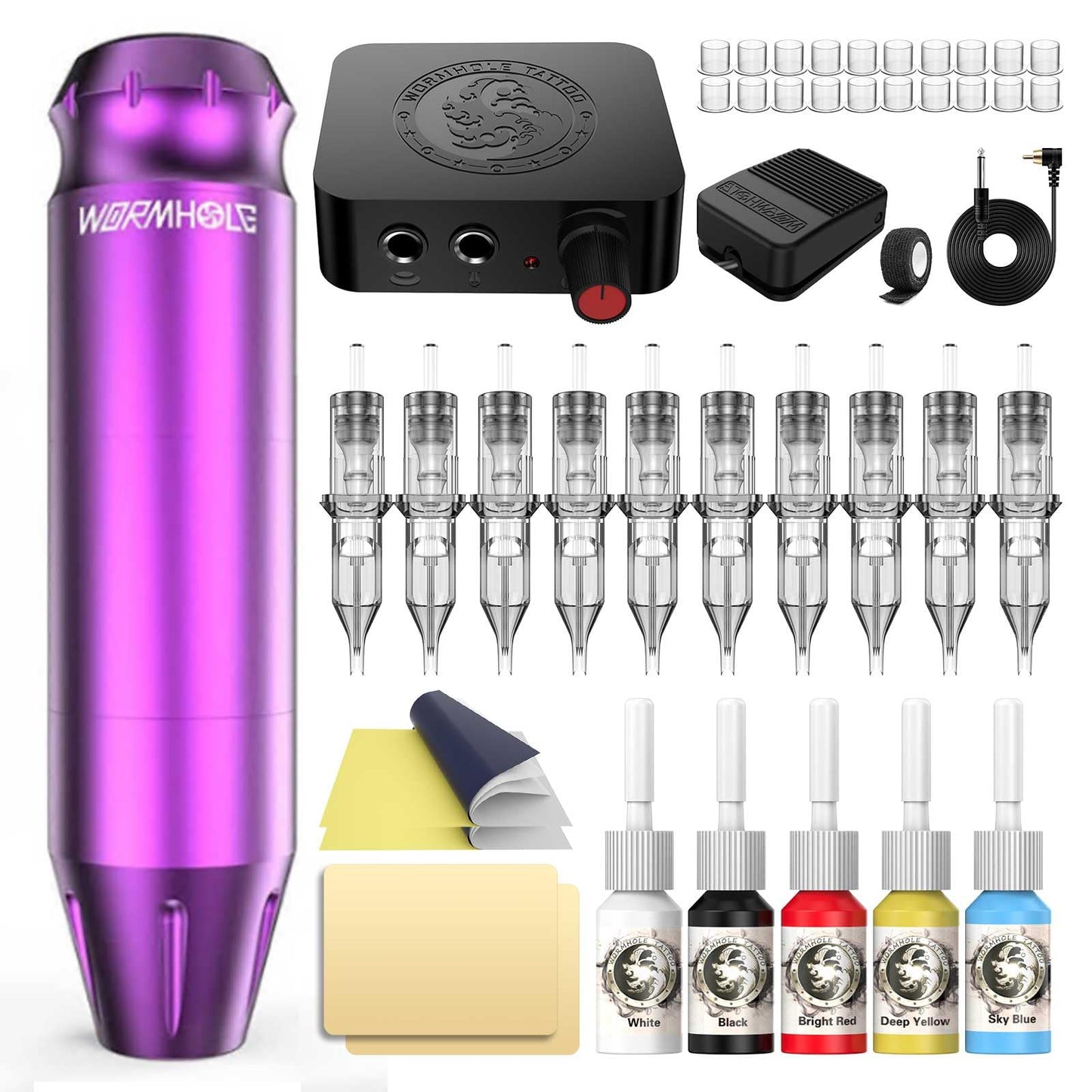 Tattoo Kit, Wormhole Tattoo Practice Pen Kit/Rotary Tattoo Machine Pen for Beginners 10pcs Tattoo Cartridges Needles 5 Tattoo Ink, Professional Complete Tattoo Kit TK602
