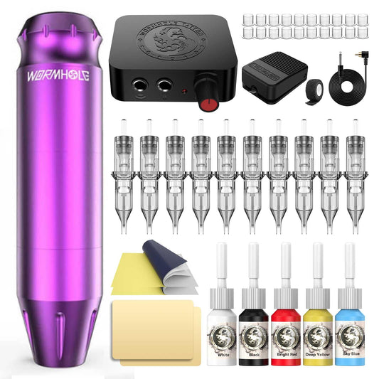 Tattoo Kit, Wormhole Tattoo Practice Pen Kit/Rotary Tattoo Machine Pen for Beginners 10pcs Tattoo Cartridges Needles 5 Tattoo Ink, Professional Complete Tattoo Kit TK602