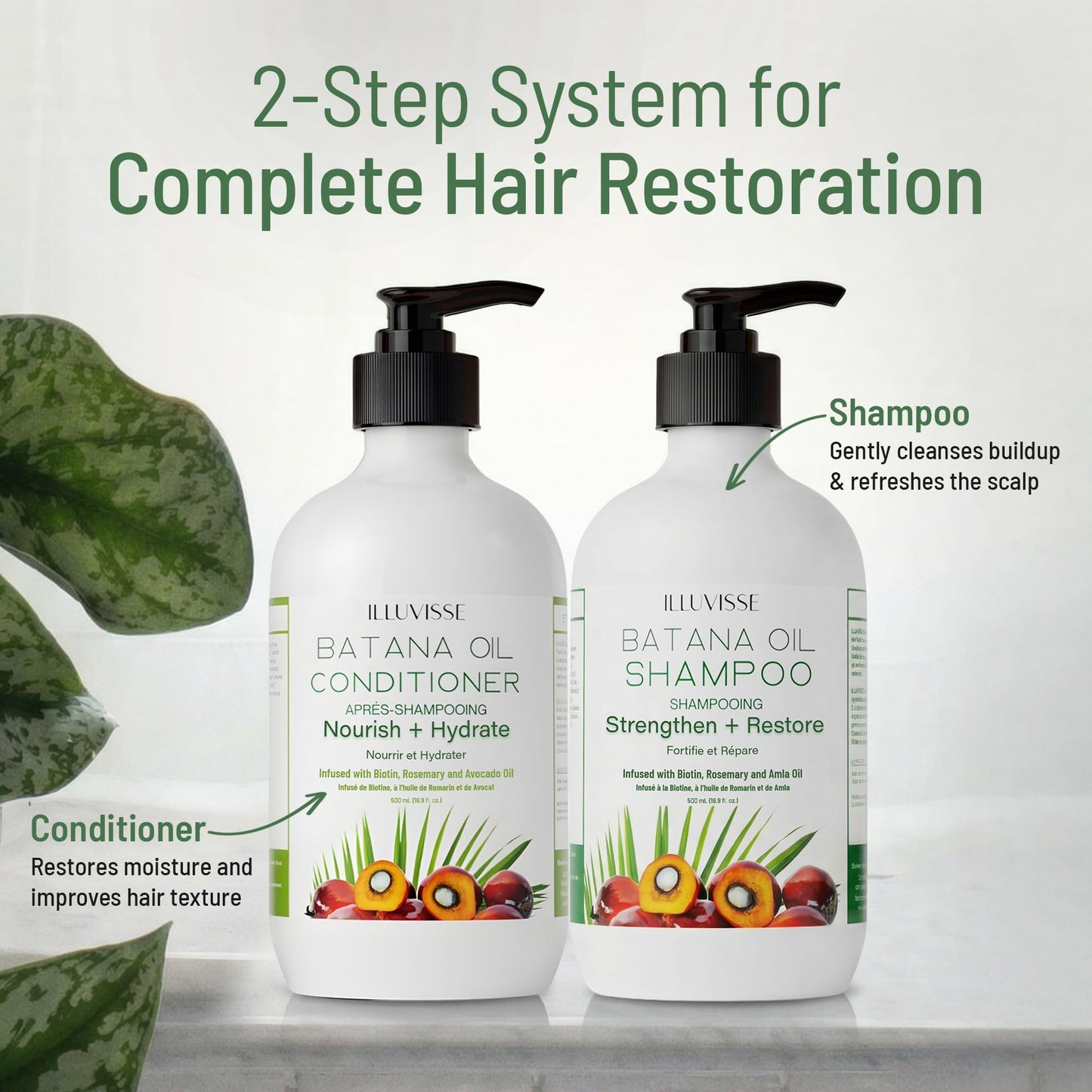 ILLUVISSE Batana Oil Shampoo and Conditioner Set for Hair Growth & Thickening, Organic Rosemary, Tea Tree Oil, Biotin & Aloe Vera Formula for Men & Women, Strengthens Nourishes & Smooths, 500ml Each