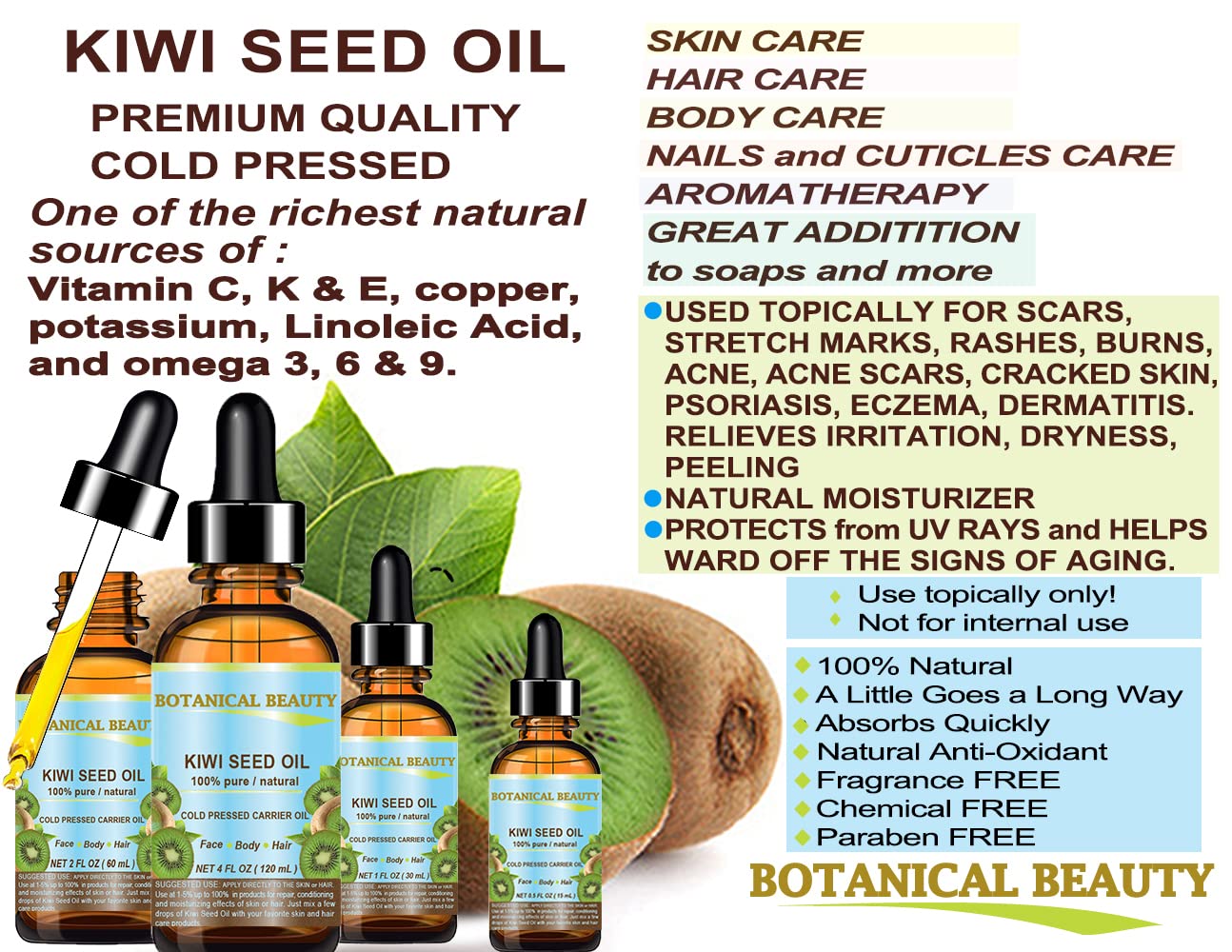 Kiwi Seed Oil - 100% Pure Natural Cold Pressed Carrier Oil for Face, Skin, Hair & Nails | 2 Fl Oz