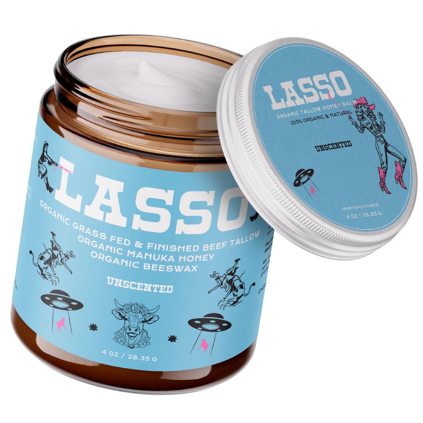 LASSO Beef Tallow Face Moisturizer with Grass-Fed/Finished Beef Tallow for Skin, Manuka Honey and Beeswax, Unscented and Manuka Honey Balm