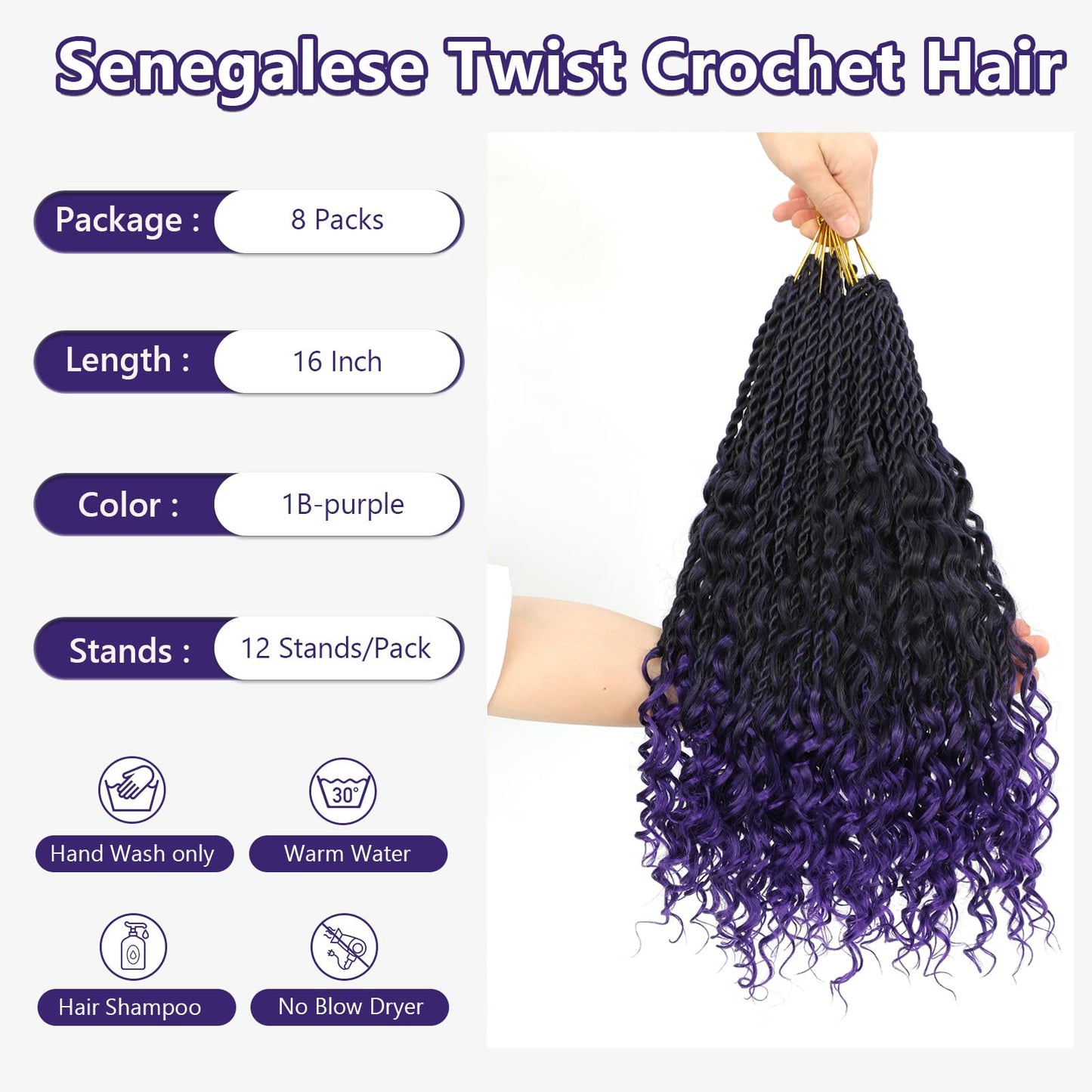 Senegalese Twist Crochet Hair with Curly Ends - 16 Inch Boho Island Twist Crochet Hair 8 Packs Goddess Boho Box Braids Crochet Hair Pre Looped Crochet Hair(16(8Packs), 1B/Purple)