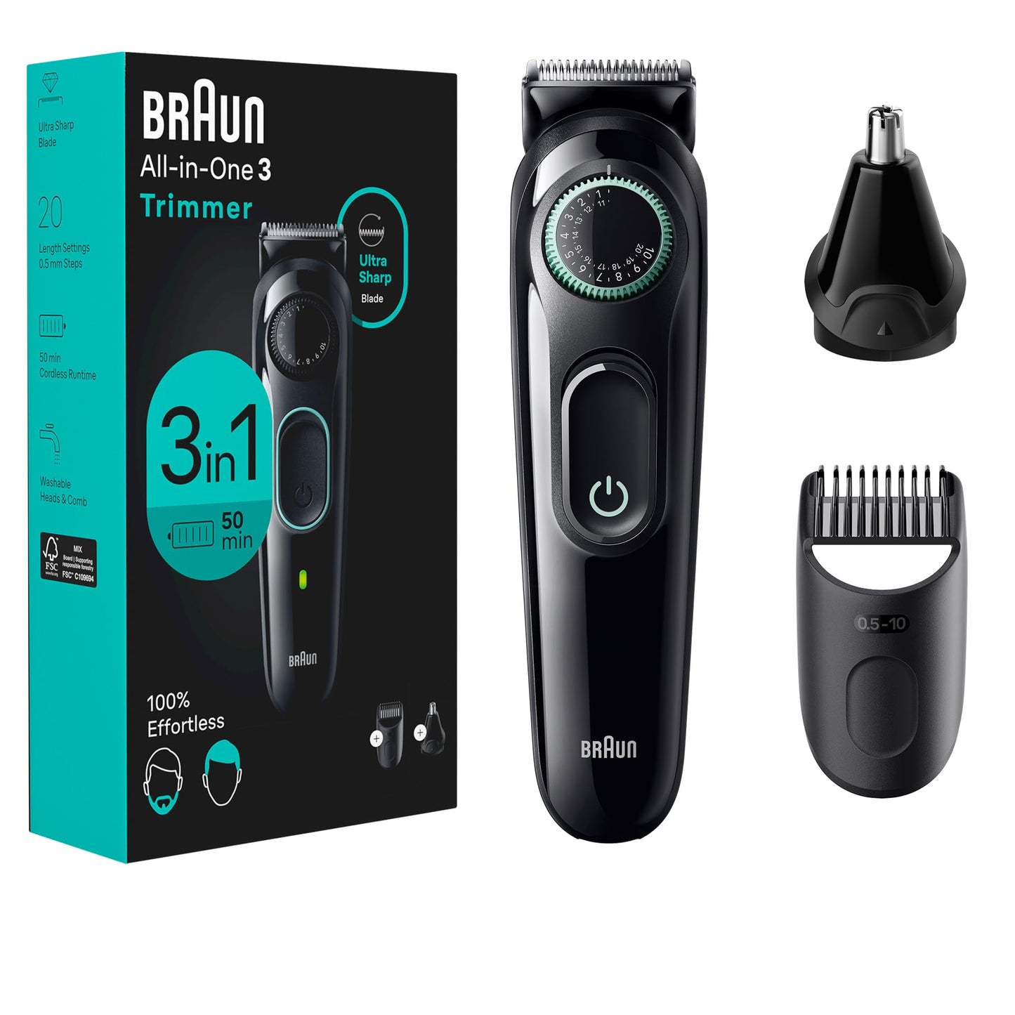 Braun All-in-One Style Kit Series 3 3430, 3-in-1 Trimmer for Men with Beard Trimmer, Ear & Nose Trimmer, Hair Clippers, Ultra-Sharp Blade, 20 Length Settings, Washable