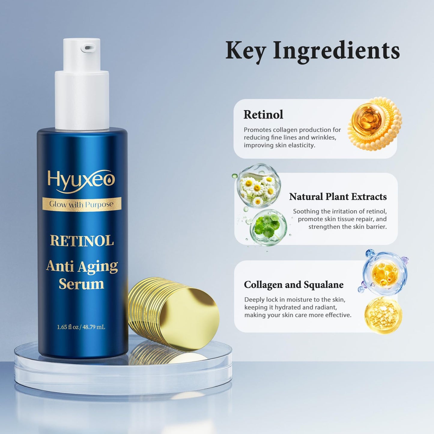 Hyuxeo Retinol Collagen Serum for Face, Anti Aging & Wrinkle Repair with Squalane - Deep Hydration Firming Formula for Fine Lines | Elasticity | Plump | Lift Skin, Day/Night Use Women/Men(1.65 Fl Oz)