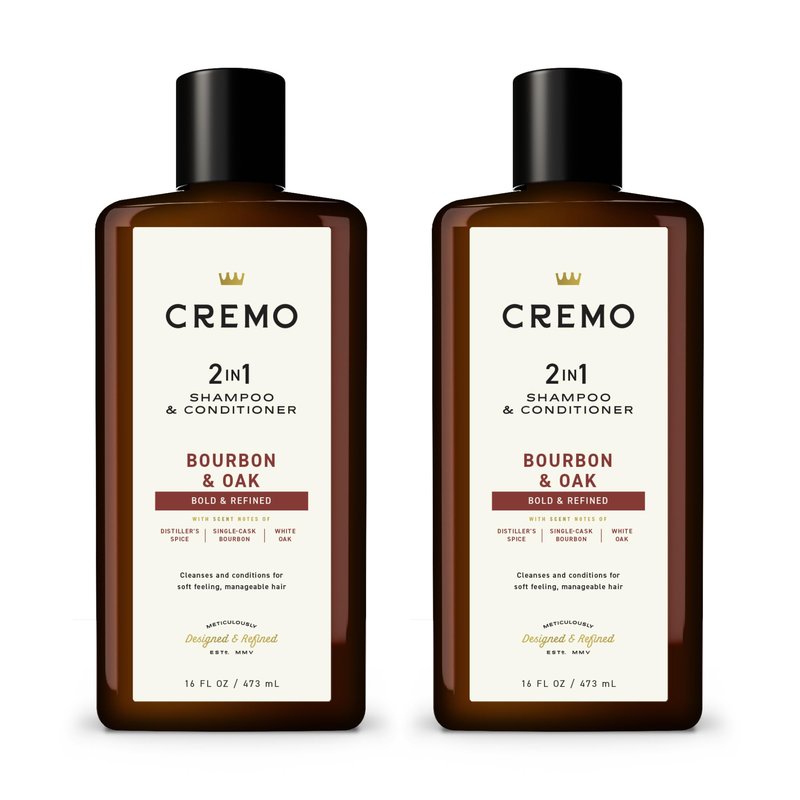 Cremo Bourbon & Oak Barber Grade 2-in-1 Shampoo & Conditioner, 16 Fl Oz (2-Pack) - A Sophisticated Blend of Distiller’s Spice, Fine Bourbon and White Oak