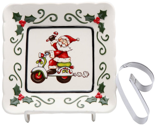 Cosmos Gifts 10659 Santa Riding Scooter Plate with Candy Cane Cookie Cutter, 5-1/2-Inch