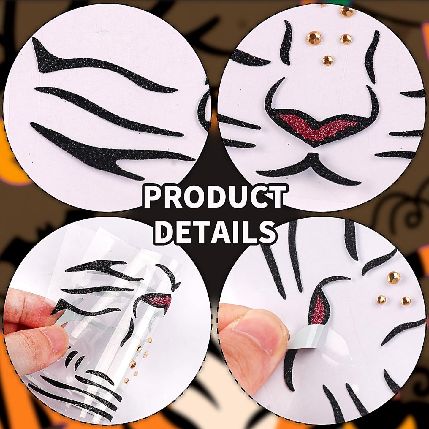 Tiger Face Tattoo Stickers - Glitter Temporary Face Jewels for Adults & Kids | 2 Pcs for Makeup & Party Decor
