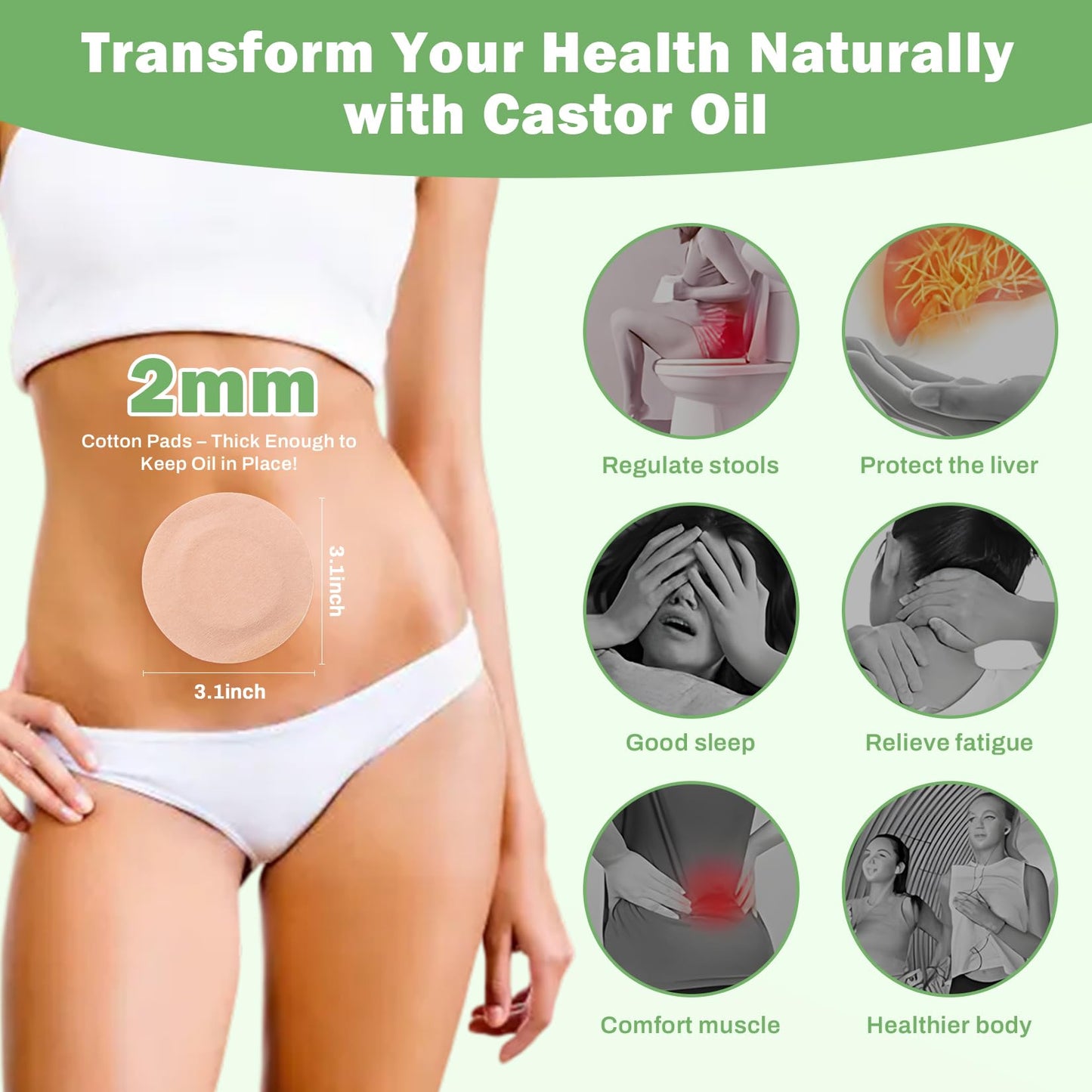 Castor Oil Pack Wrap for Belly Button with 4oz Organic Castor Oil in Glass Bottle, Highly Absorbent Cotton Belly Button Patches Self Adhesive (60pcs belly pack with oil)