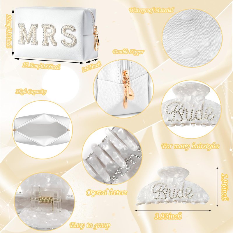 Tkifoda Personalized Initial Letter J MRS Wedding Bride Slippers Robe Makeup Bag Hair Clip, Bride to Be Gifts, Bridal Shower Gifts, Wedding Gift