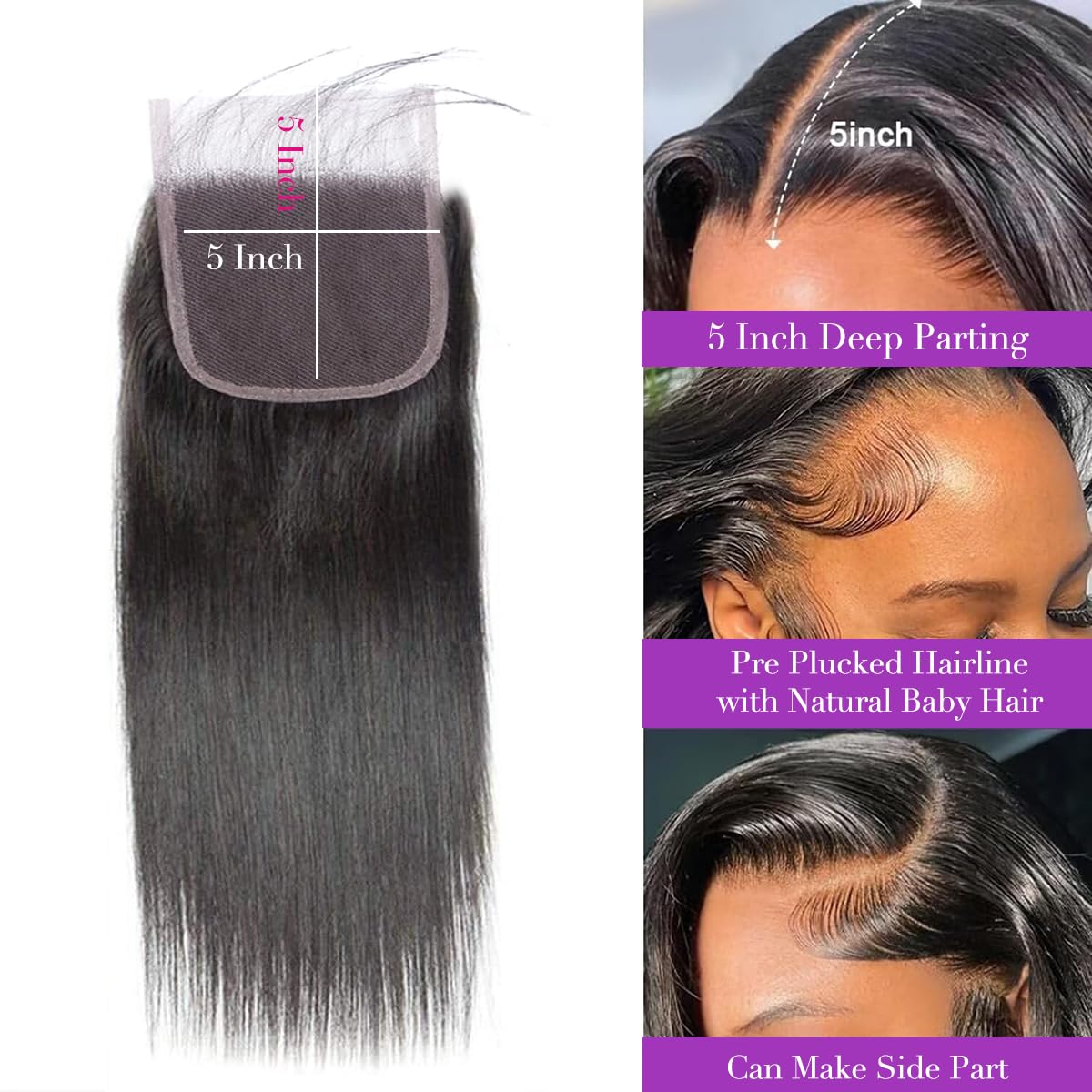 5x5 Closure Straight Hd Lace Closure Brazilian Virgin Human Hair Pre Plucked with Baby Hair Natural Hairline Black Color 18 Inch