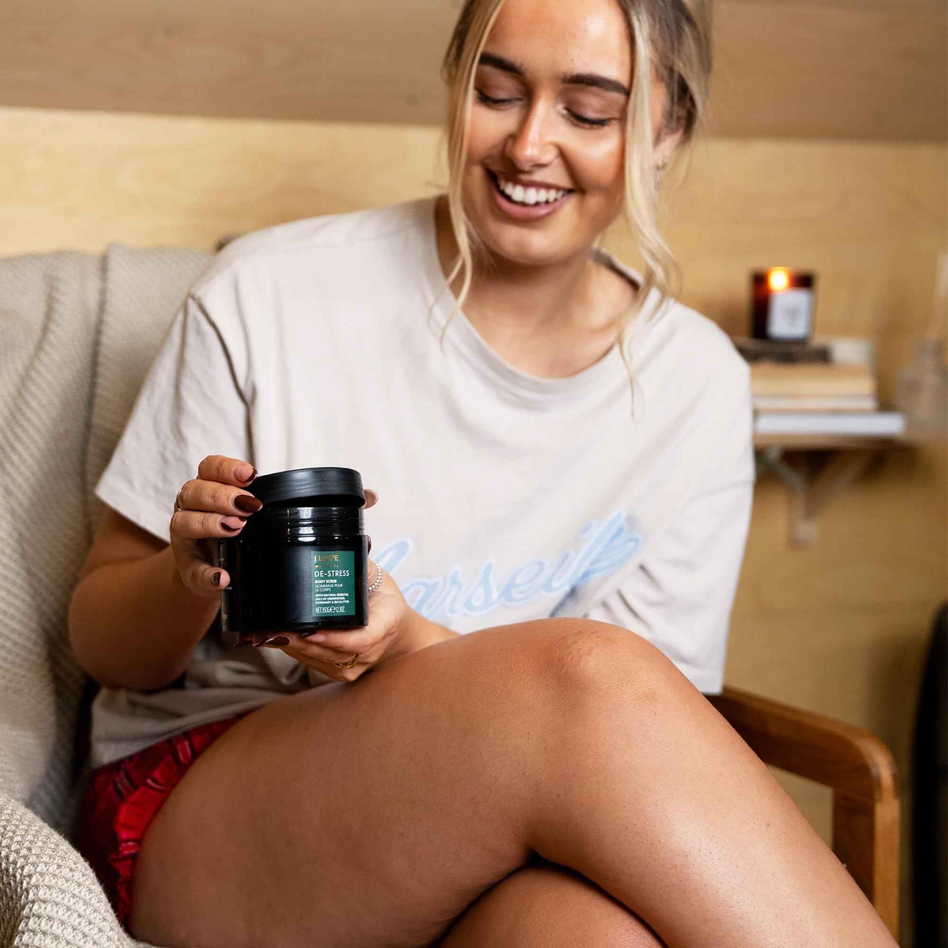 I LOVE Wellness De-Stress Body Scrub - Exfoliating Body Scrub - Sea Salt Shower Scrub - Lemongrass and Eucalyptus Scent with Coconut Oil - 12.3 oz