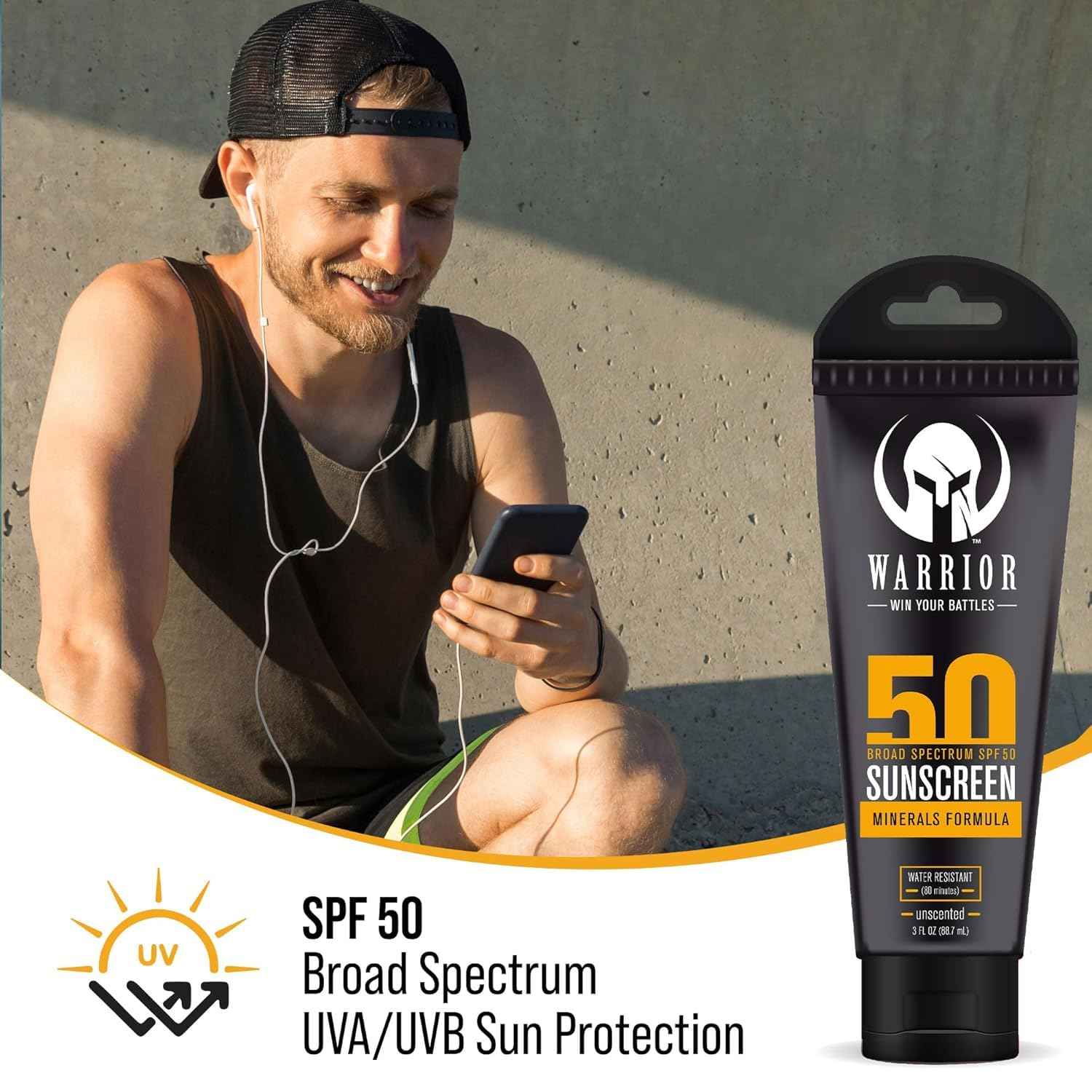 WARRIOR - WIN YOUR BATTLES- SPF 50 Sunscreen Lotion - 80 Minutes Water Resistant, Reef Safe, Unscented Lotion Non-Nao Zinc & Non-NanoTitanium Sunscreen with Mineral Formula - 3 Fl. Oz