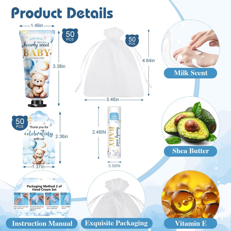 50 Pack Lip Balm and Hand Cream Bulk Gifts Sets, Baby Shower Party Favors and Bridal Shower Favors for Guests with Thank You Card and Organza Gift Bags, Thank You Gifts Bulk, Baby Shower Prizes (Bear)