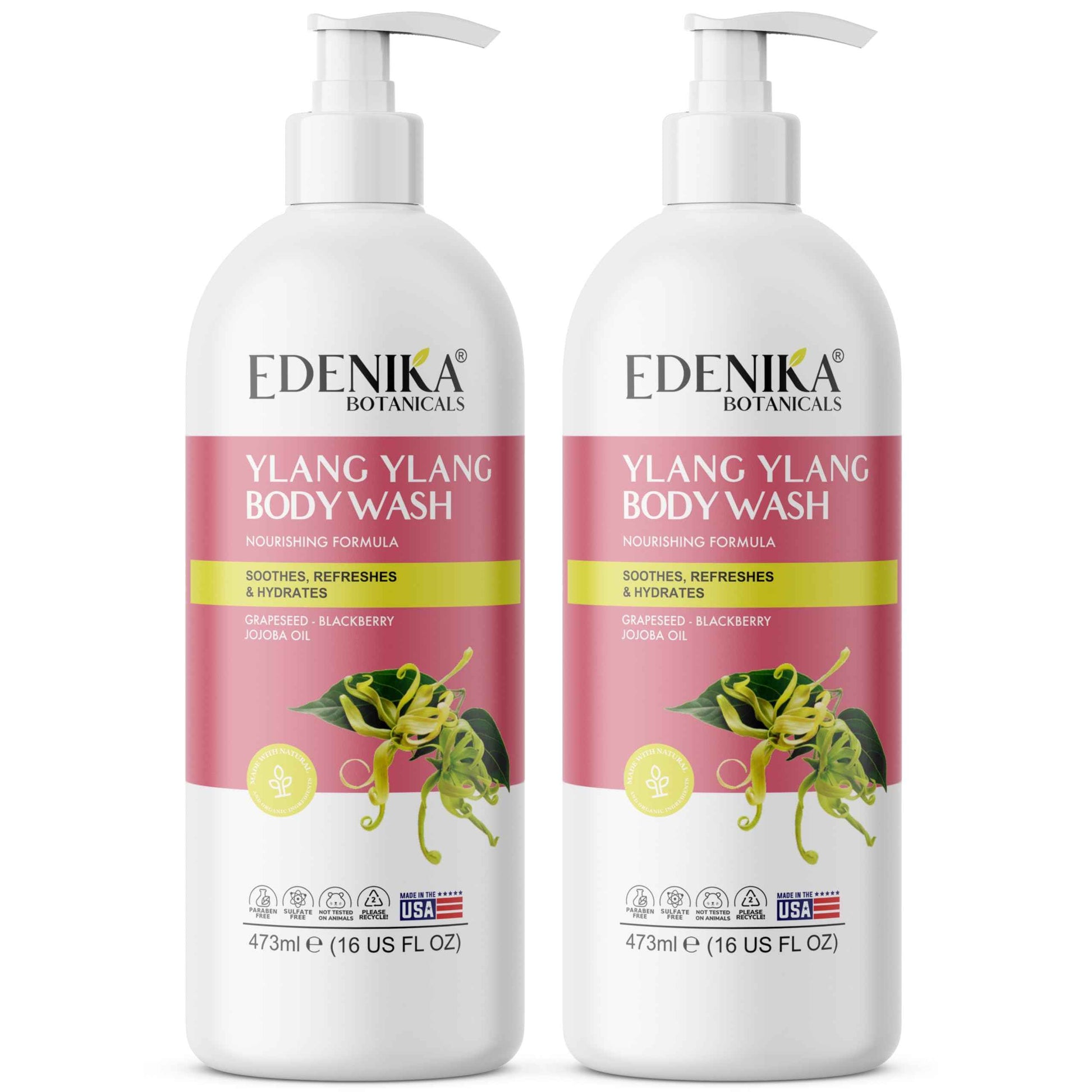 EDENIKA BOTANICALS Ylang Ylang Body Wash, Cleanses, Nourishes & Hydrates, Gentle Shower Gel for Dry and Sensitive Skin, Women & Men, Organic & Natural, 16 fl oz, 2-Pack