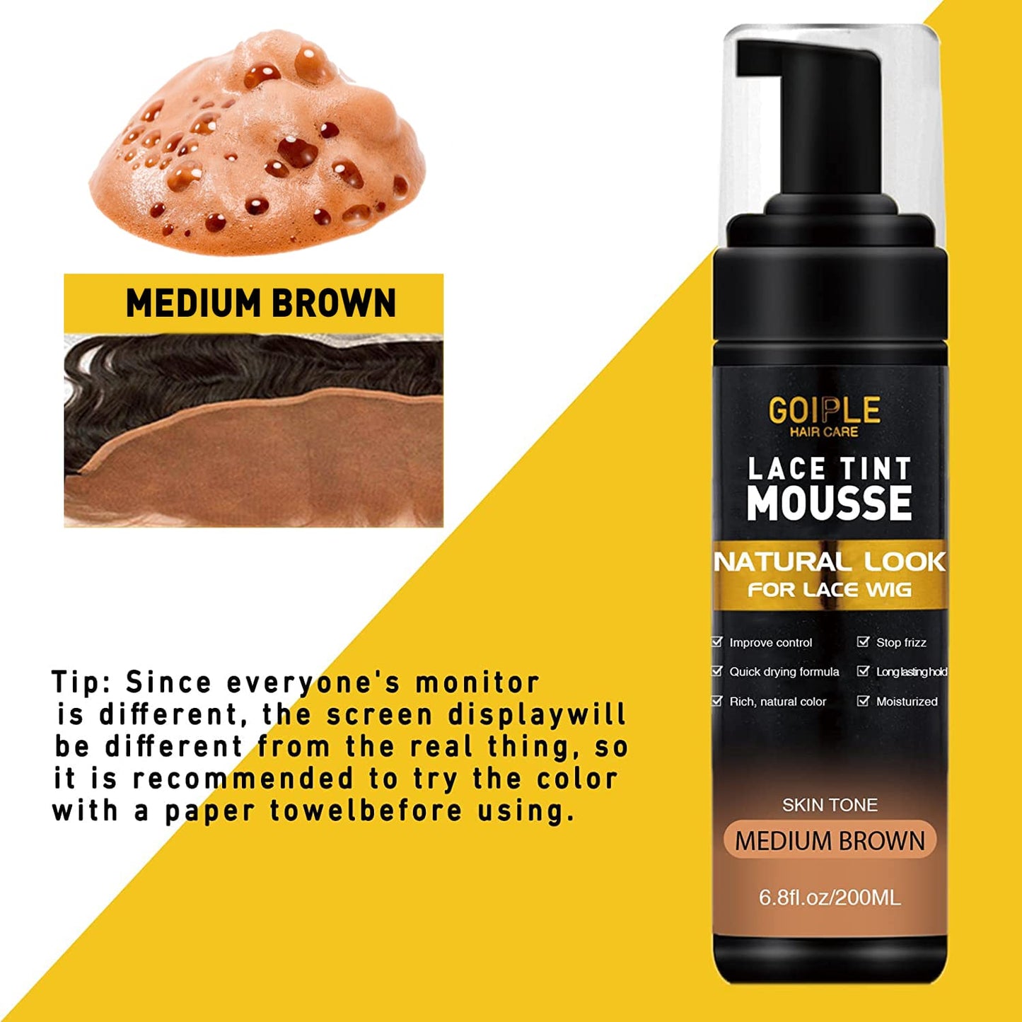 Lace Tint Melting Hair Mousse, 6.8 fl oz Lace Tint Mousse for Women Hair Wig Lace Wigs Toupees and Hairpieces Natural Finishing Lace Color, Lace Tint Mousse for Wigs Melts Lace Foam Tint(Medium Brown)