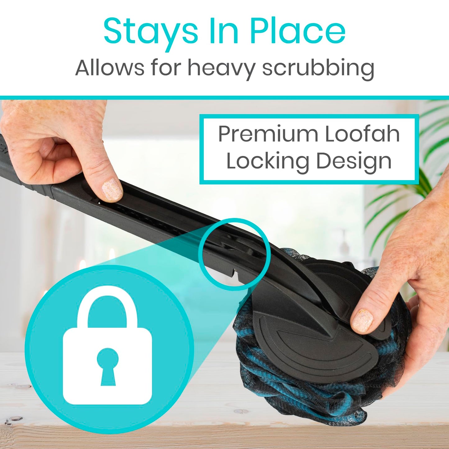 Vive Long Handled Loofah on a Stick - Mesh Back Sponge for Bath, Reusable w/Extra Pouf - Exfoliating Scrubber for Elderly & Disabled, Soft Loofa for Bathing Men & Women