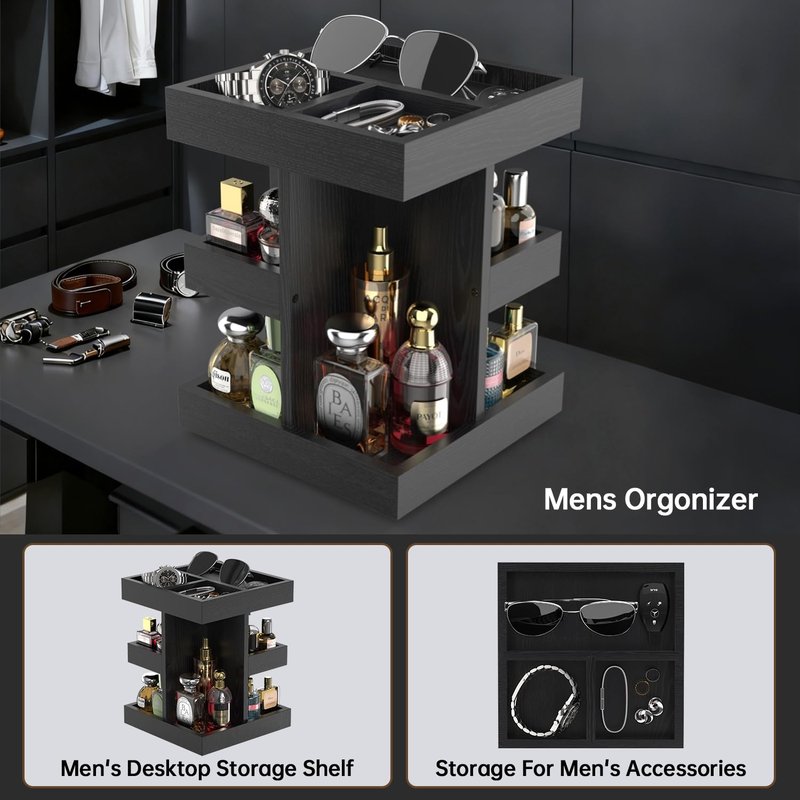 VLXXOI Cologne Organizer for Men Rotating Bathroom Counter Organizer, 3-Tier Solid Wood Storage Caddy, 360-Degree Rotating Stand, Burlywood (Black)