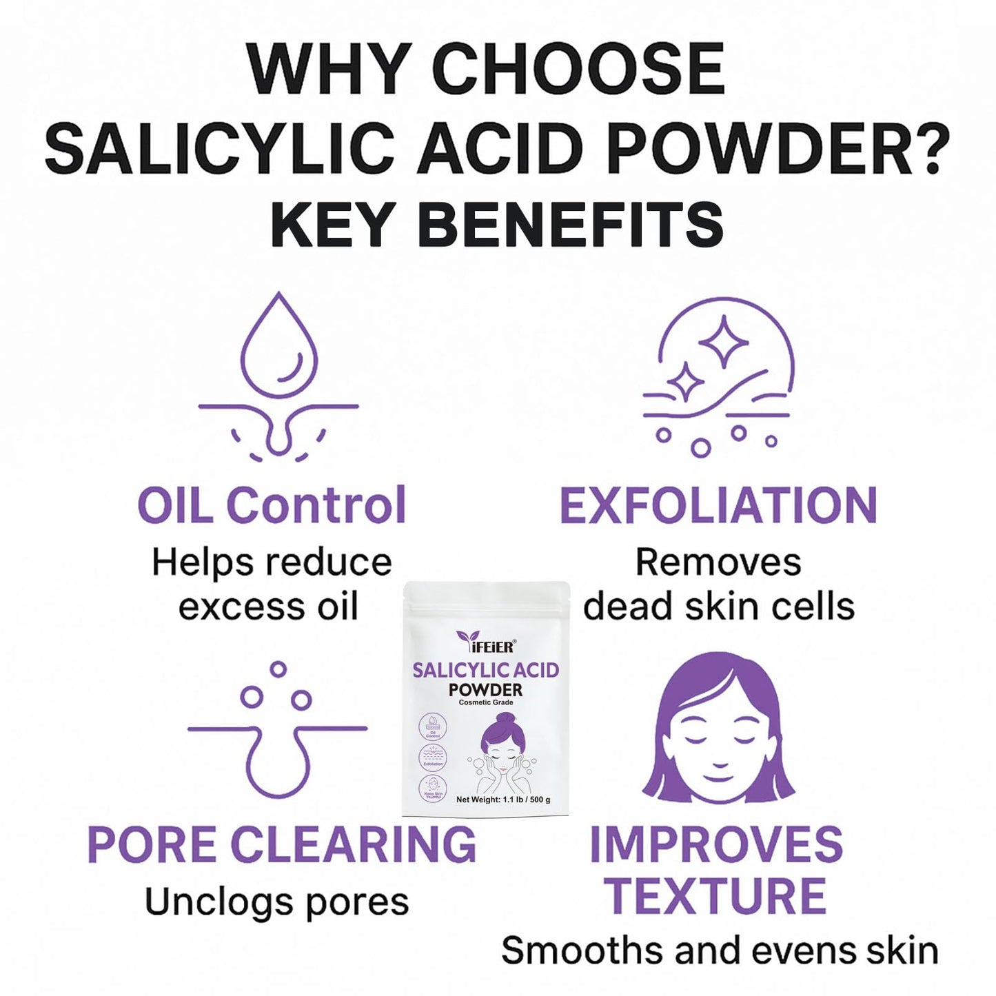 iFEiER Pure Salicylic Acid Powder | Cosmetic Grade Salicylic Acid 1.1 LB (500 g) | acido salicilico powder for DIY BHA Exfoliant, Hair & Industrial Use | Make Serum