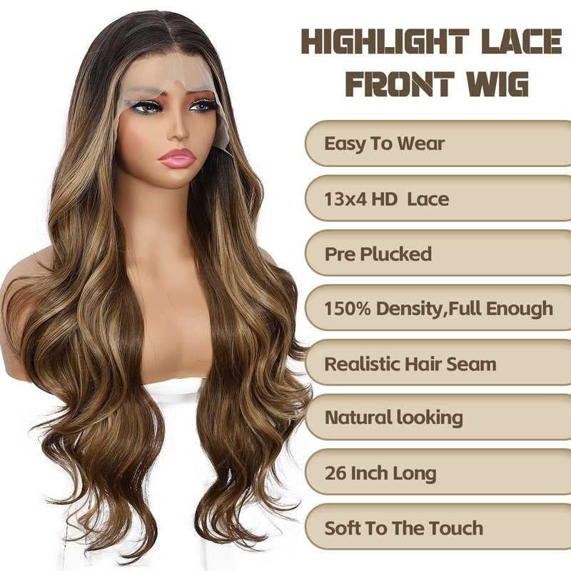 Brown Lace Front Wig - 13x4 Body Wave Synthetic Hair, Honey Brown Highlights | 26 Inch, Pre-Plucked, Heat Resistant