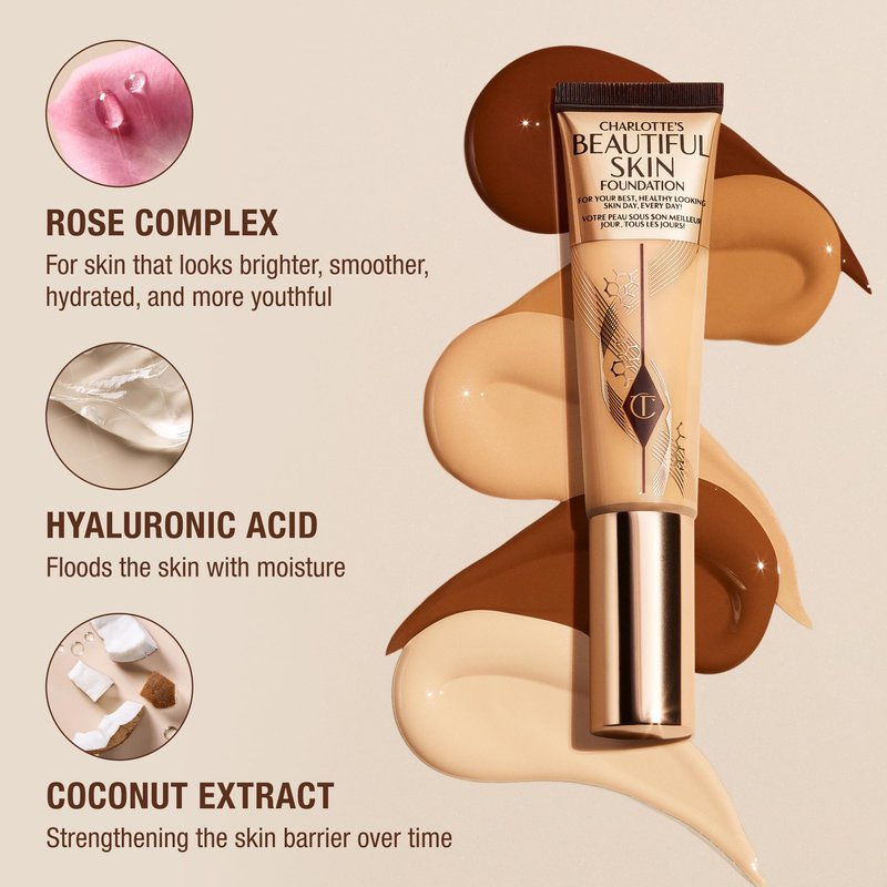 Charlotte Tilbury Beautiful Skin Medium Coverage Hydrating Foundation - Buildable Liquid Makeup for Instant Glow, Plumping Hydration & Lasting Skincare Benefits - 8 Neutral