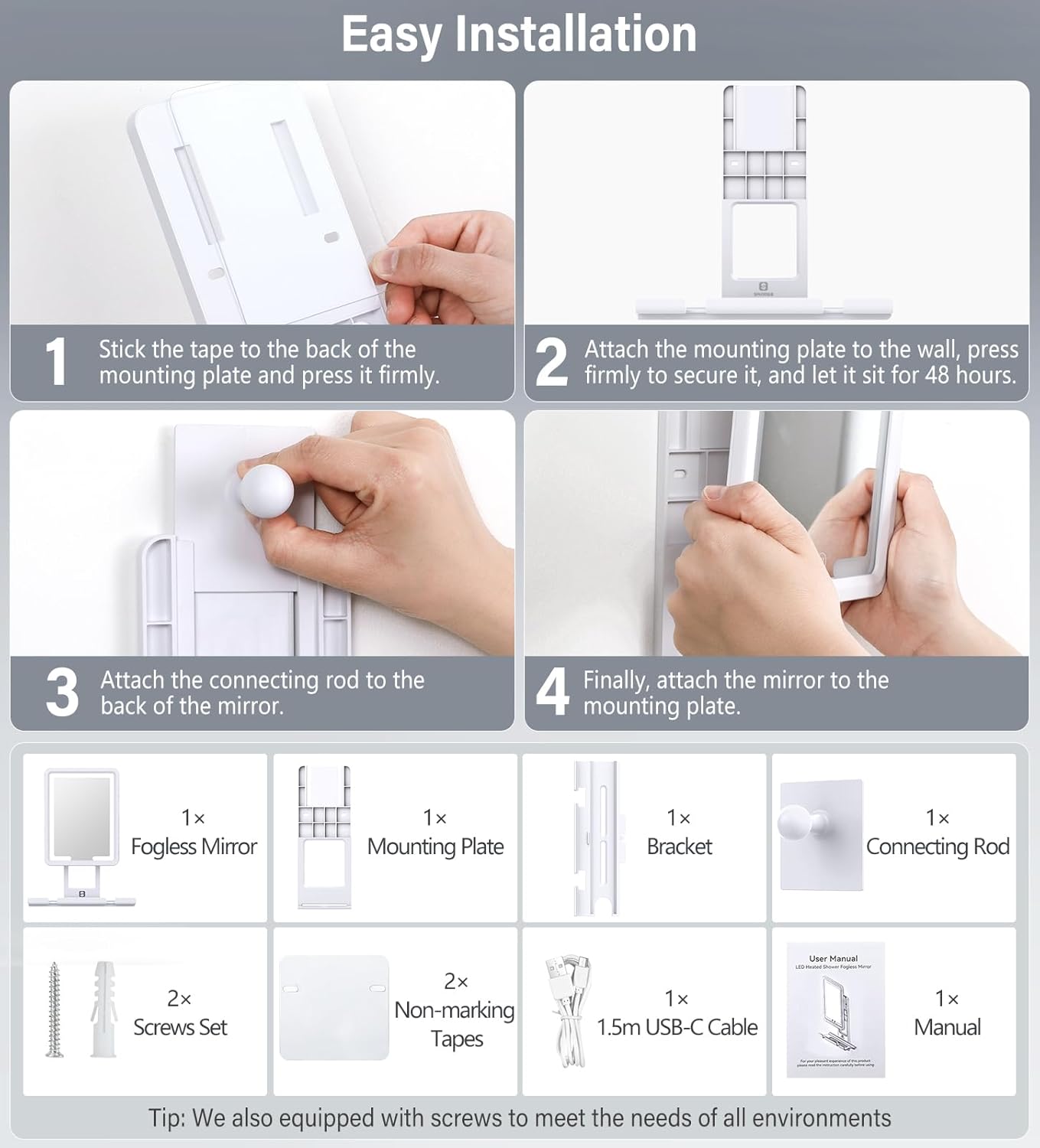 Heated Shower Mirror - Fogless Lighted Shaving Mirror with 360° Adjustable Design | Rechargeable, White