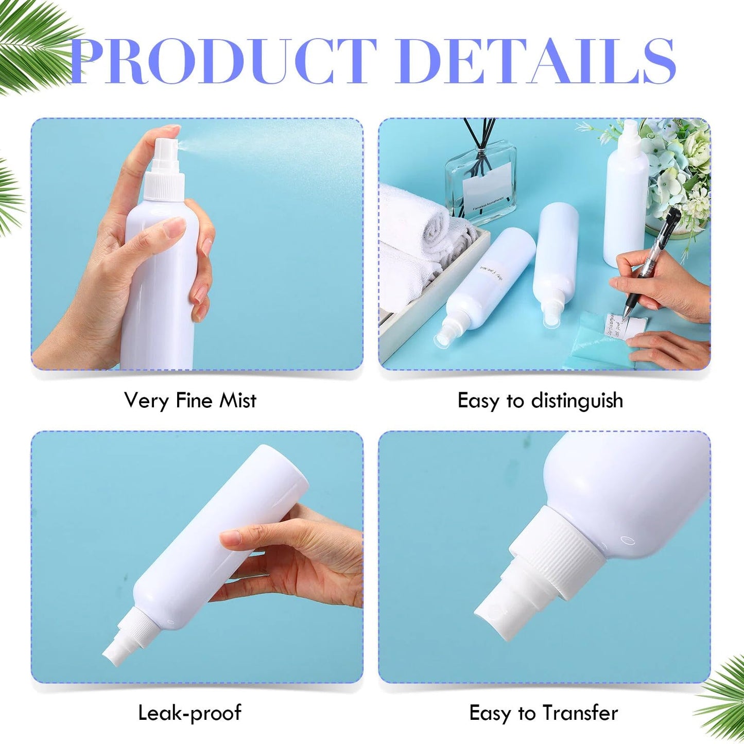Eccliy 32 Pcs 8 oz Spray Bottles Fine Mist Plastic Spray Bottles Clear Empty Sprayer Hairs Refillable Travel Sprayer with Pump Cap for Cleaning Oils Travel Perfumes(White,Colored)
