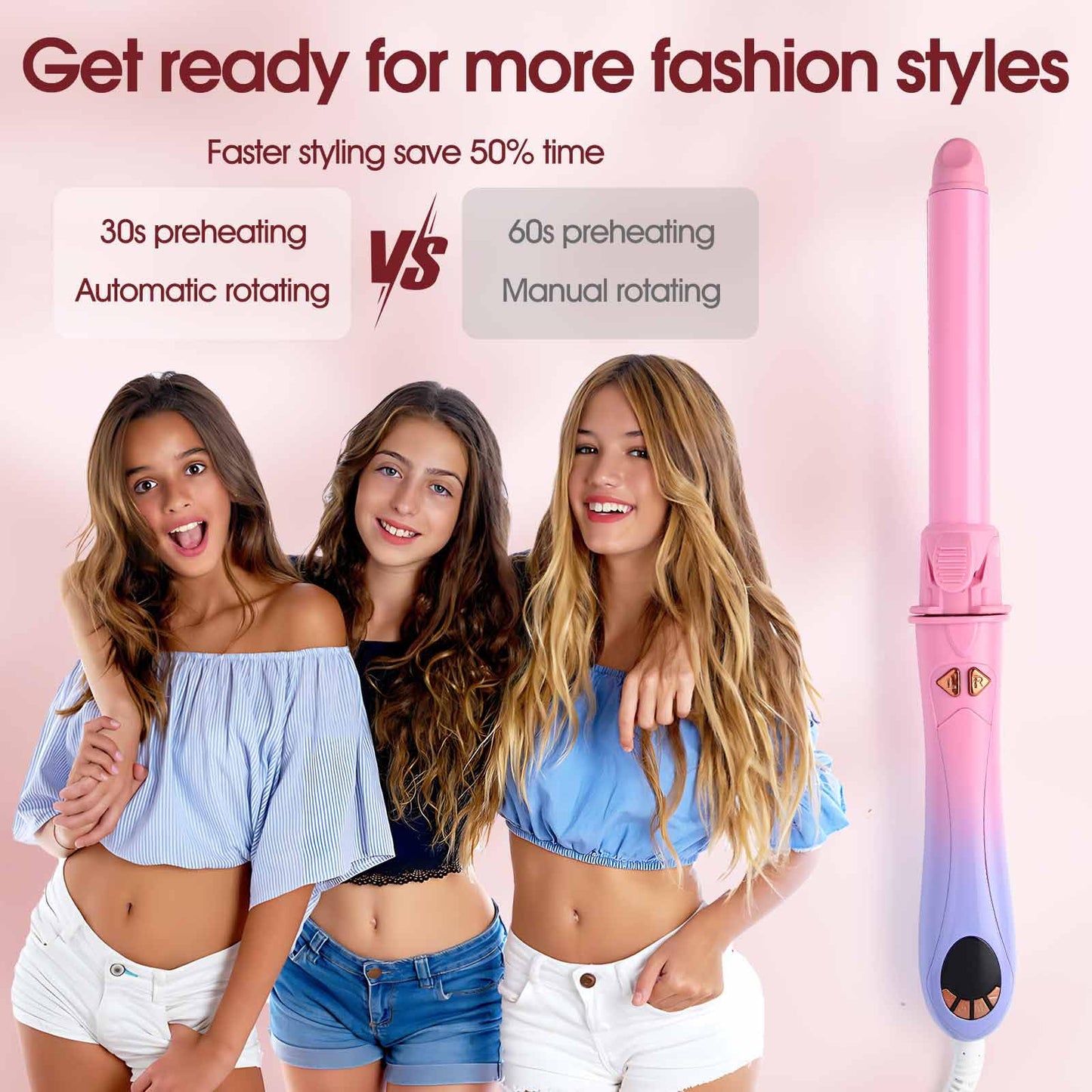 Automatic Rotating 2 in 1 Curler & Straightener - Temperatures Adjustable, 30s Fast Pre-Heating, 30MIN Smart Power Off, Special Clamp Design to Prevent Hair from Catching, Pink