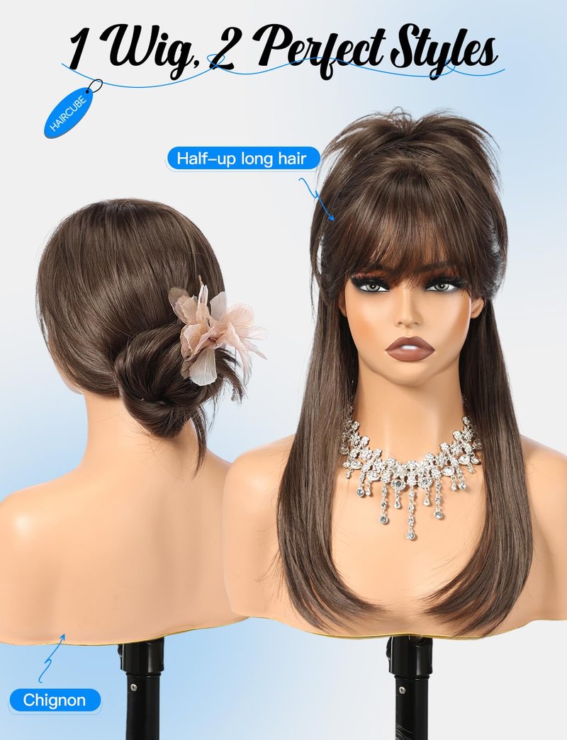 HAIRCUBE Layered Brown Medium Long Straight Synthetic Wigs for Women with Bangs Heat Resistant Natural Look for Daily Use