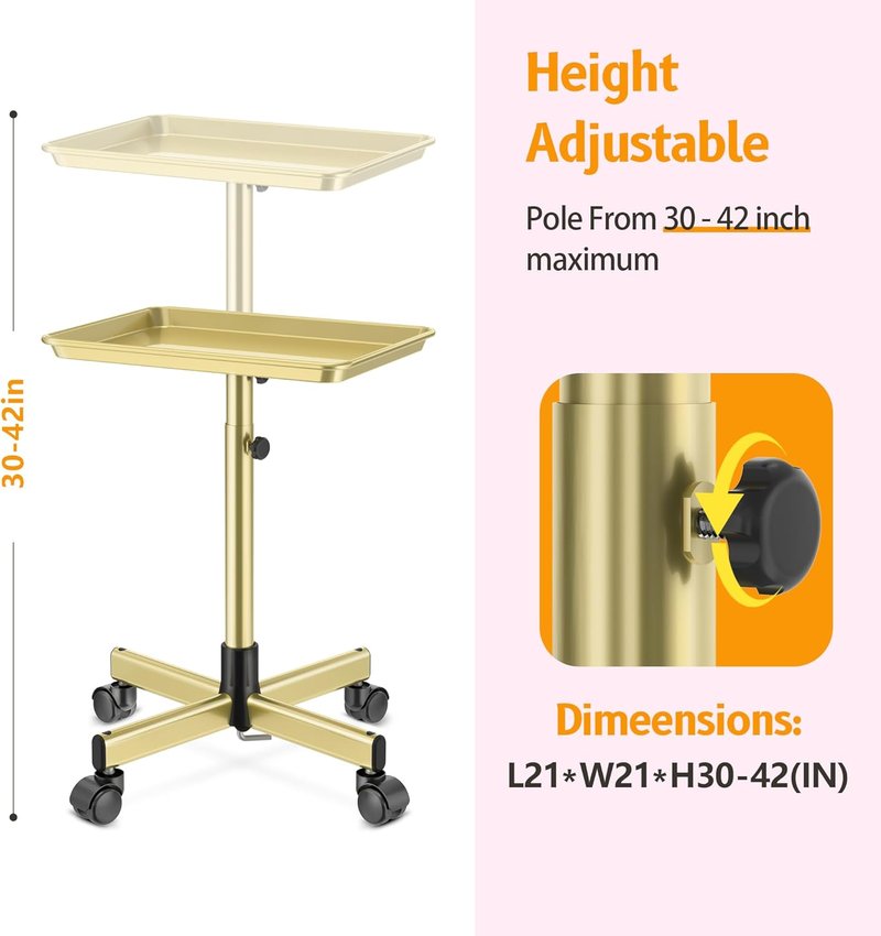Premium Aluminum Tattoo Tray on Wheels - Adjustable Rolling Hairdresser Cart | Bronze Color