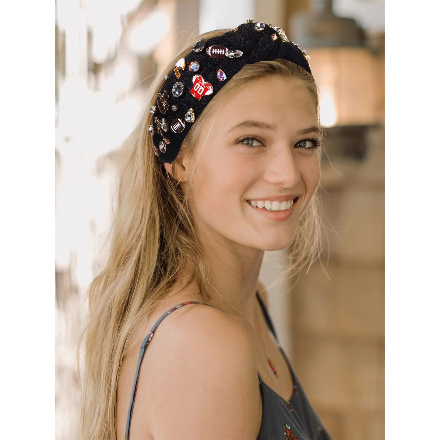 mokkia Football Headband for Women Football Mom Accessories Crystal Rhinestone Jeweled Wide Top Knot Headband Game Day Sports Hair Accessories Gift (Black)
