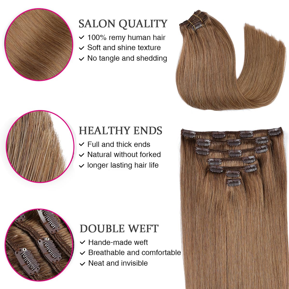 Real Human Hair Clip-In Extensions - Remy Medium Brown 12 Inches | 80g, 7 Pieces, 16 Clips