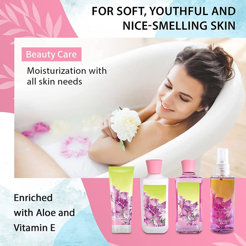Vital Luxury Sweet Pea Bath & Body Kit, 3 Fl Oz, Ideal Skincare Gift Home Spa Set, Includes Body Lotion, Shower Gel, Body Cream, and Fragrance Mist, Birthday Mother's Valentine's Day Gifts for Her