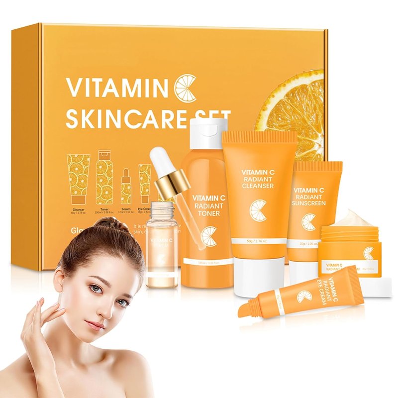Vitamin C Skincare Set - 6 Pcs Face Care Kit with Cleanser, Serum, Eye Cream, Moisturizer & Sunscreen | Brightening & Hydrating for Teens