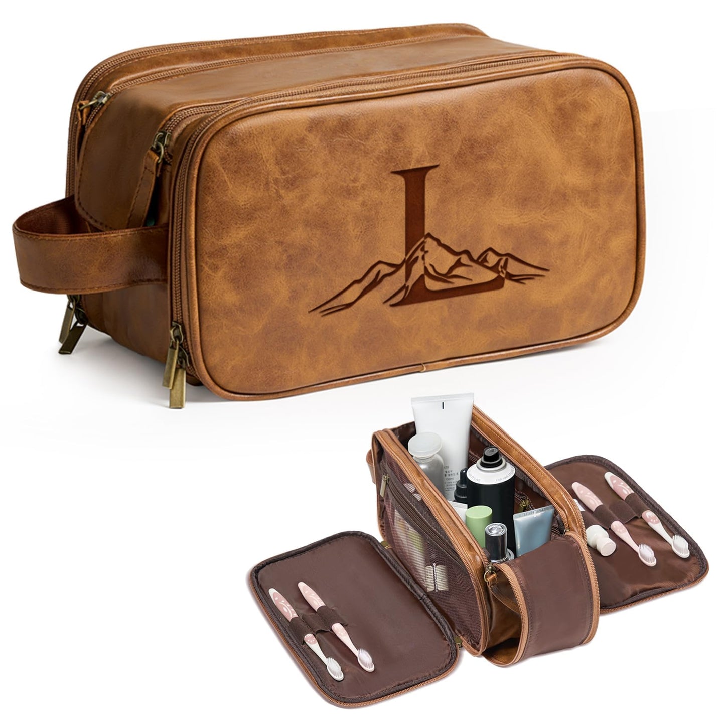 Janhavi Shaving Bag for Men Travel Waterproof, Engraved Initials & Mountain, Makeup Organizer, Groomsmen Gifts, Mens Toiletry Travel Bag, Men's Accessories Organizer, Gifts for Him(Brown L)