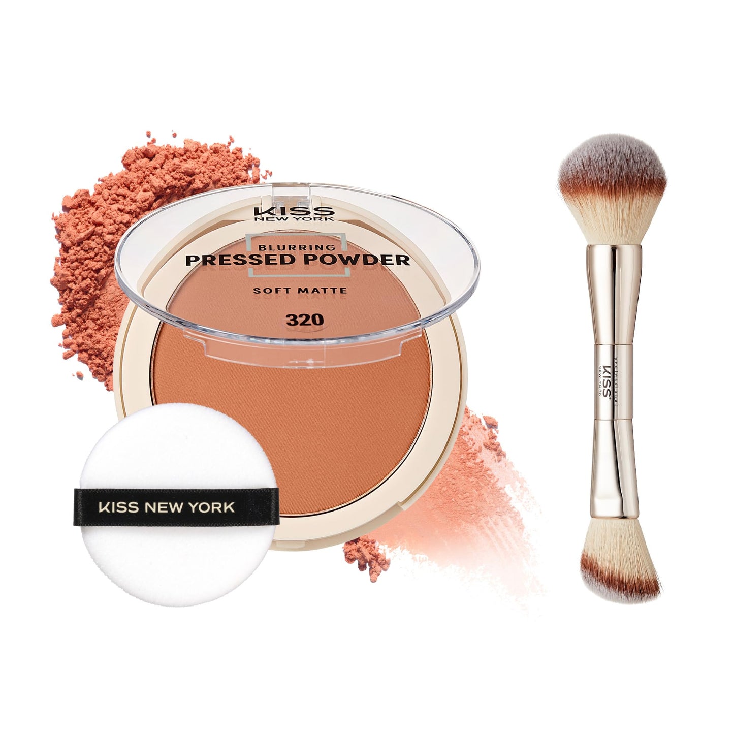 Kiss New York Soft Matte Pressed Powder (Classic Tan) With Dual Ended Powder Brush Set, Blurring Poreless Face Powder Makeup, Medium Coverage Setting Powder Infused with Salicylic Acid & Niacinamide