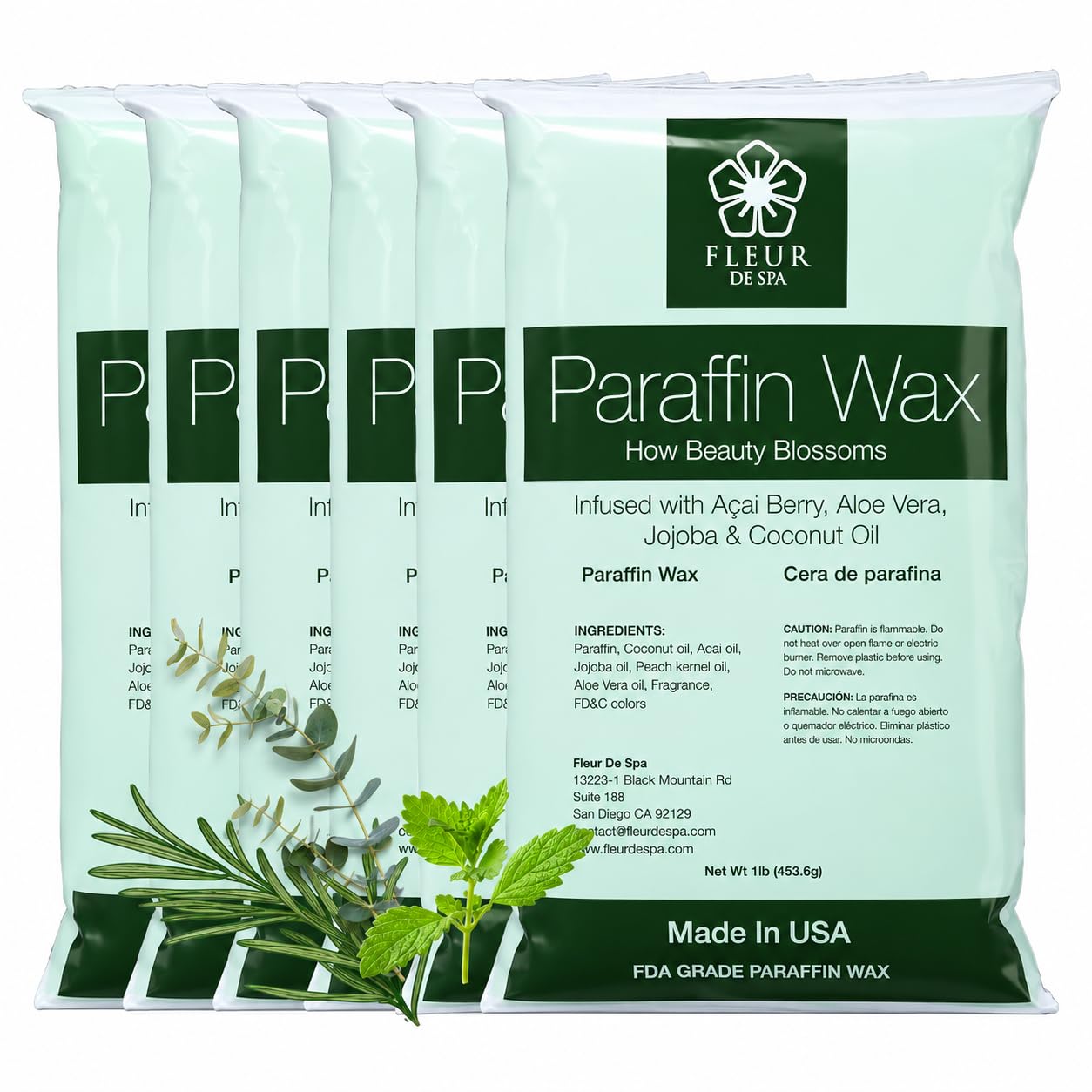 Paraffin Wax refill by Fleur De Spa - Infused with Acai, Coconut oil, Jojoba and Aloe USA Made (Rosemary, Mint & Eucalyptus, 6 pound box)
