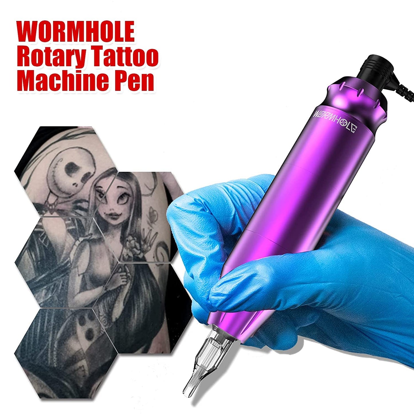 Tattoo Kit, Wormhole Tattoo Practice Pen Kit/Rotary Tattoo Machine Pen for Beginners 10pcs Tattoo Cartridges Needles 5 Tattoo Ink, Professional Complete Tattoo Kit TK602