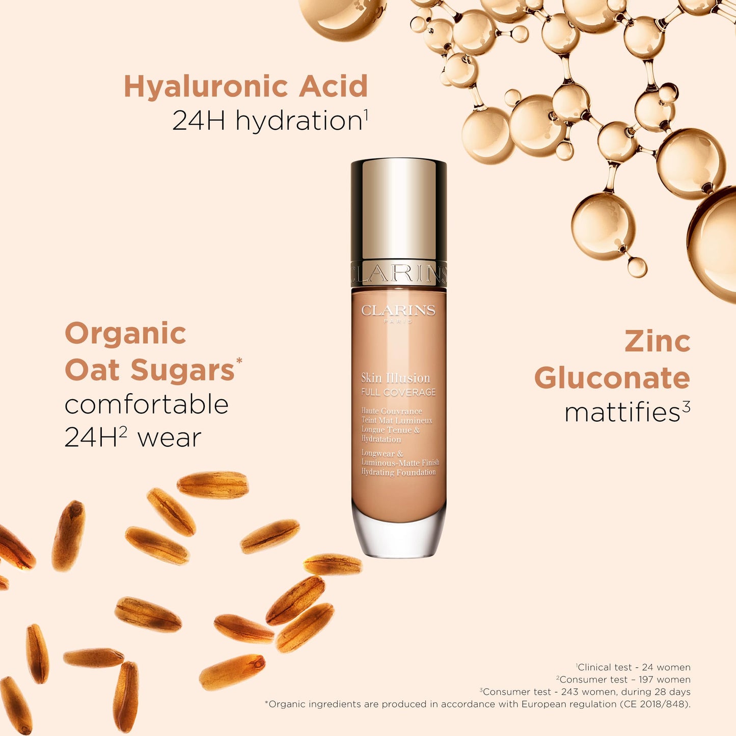 Clarins Skin Illusion Longwear Full Coverage Foundation|Luminous Matte Finish|24H Hold and 24H Hydration|Natural Looking|Transfer, Sweat and Smudge Proof| Contains Hyaluronic Acid|1 Fl Oz, 107C